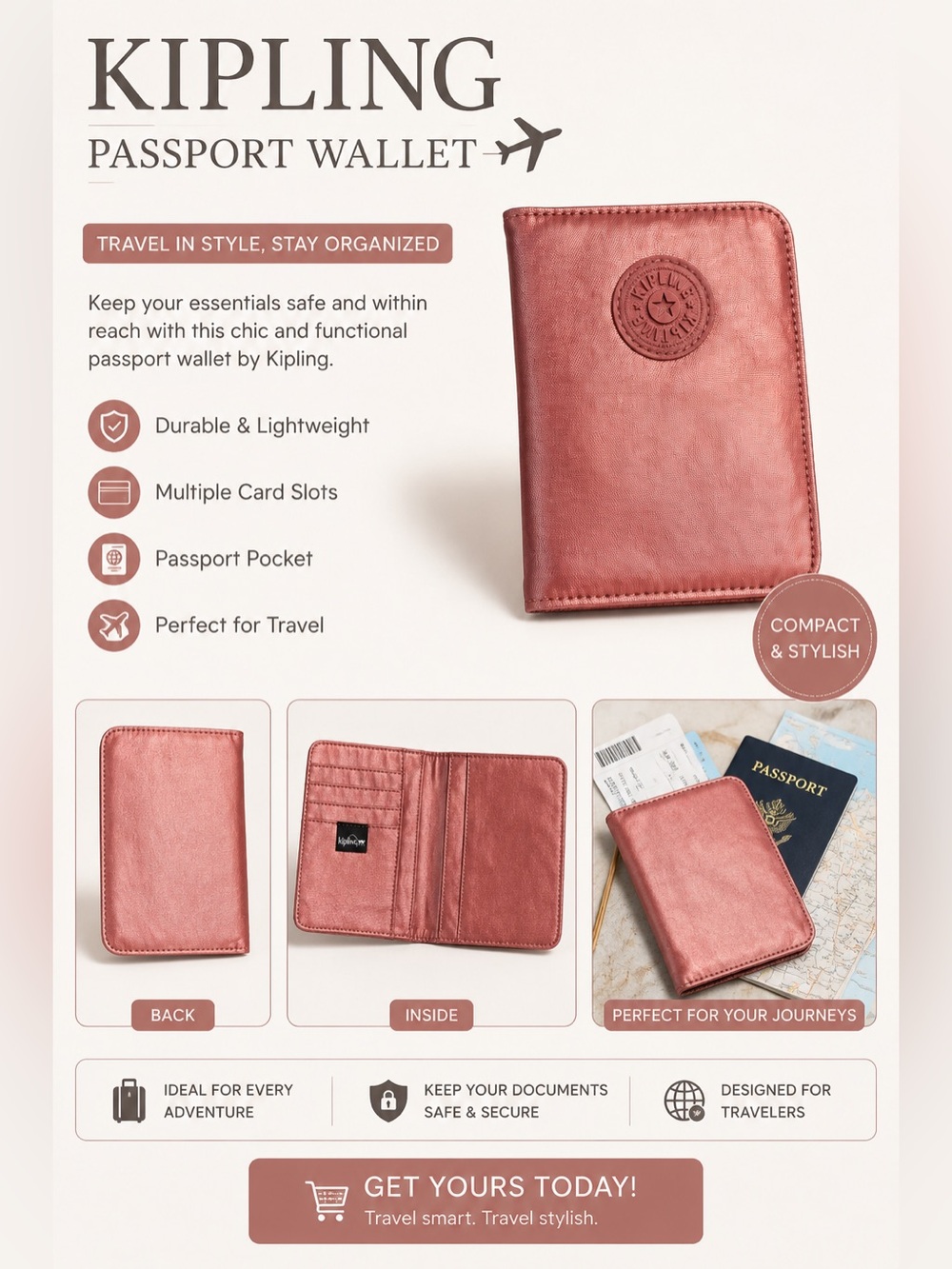 Kipling Metallic Rose Travel Wallet